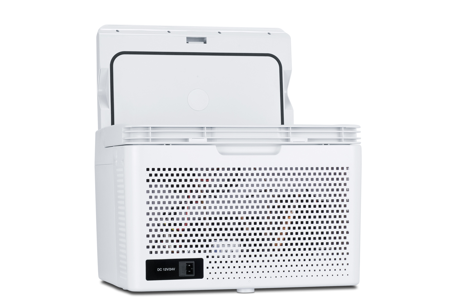 Portable 12V/24V MOMCUBE cooler operates as a refrigerator or freezer for breast milk storage, with AC adapter included